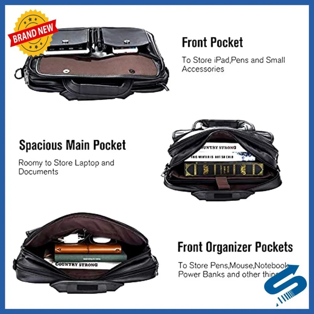 Leather Messenger Bag for Laptop Business Travel Briefcase 17.3 Inch